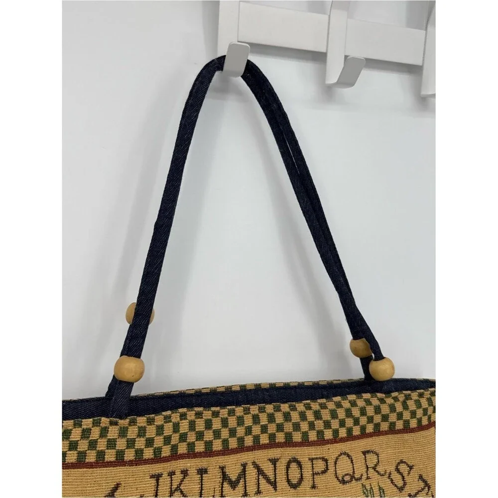 Vintage Tapestry Tote Bag House Alphabet Cottagecore Shoulder Bag Folk Art